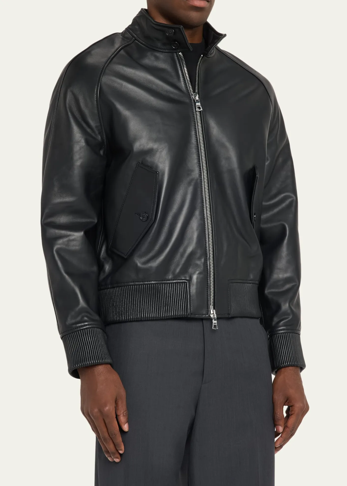 Officine GeneraleMen's Leather Band-Collar Biker Jacket