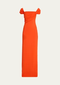 Oscar de la RentaCap-Sleeve Draped Cady Column Gown