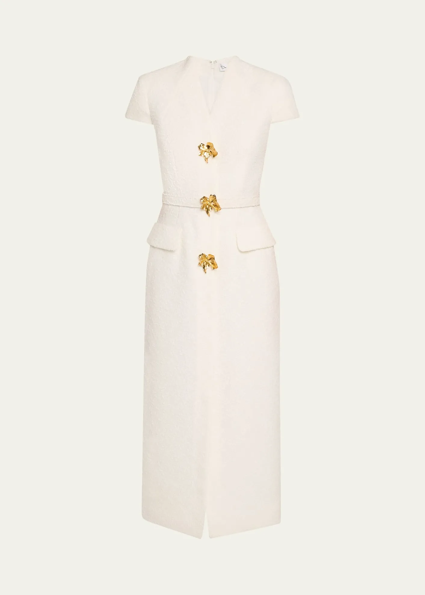 Oscar de la RentaCap-Sleeve Slub Tweed Buttoned Midi Day Dress