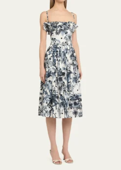 Oscar de la RentaDotted Palm-Print Ruffle Sleeveless Midi Dress With Belt