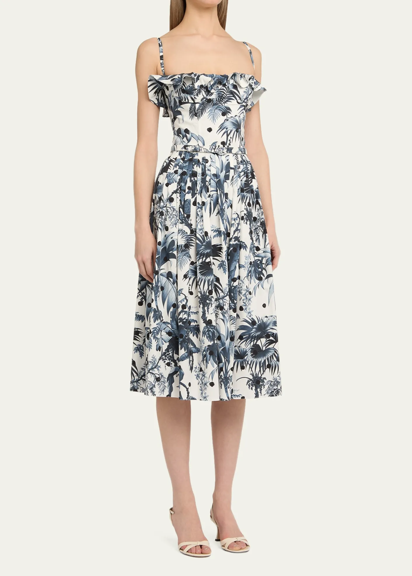 Oscar de la RentaDotted Palm-Print Ruffle Sleeveless Midi Dress With Belt