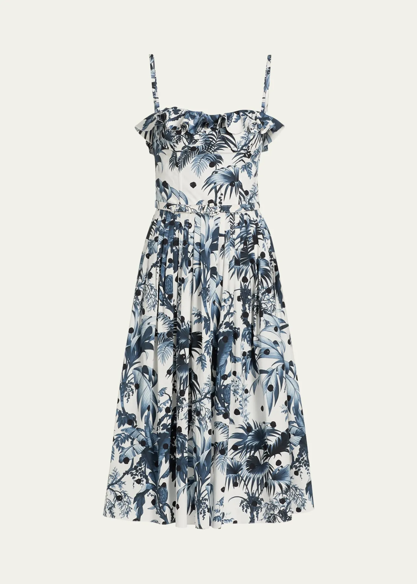 Oscar de la RentaDotted Palm-Print Ruffle Sleeveless Midi Dress With Belt