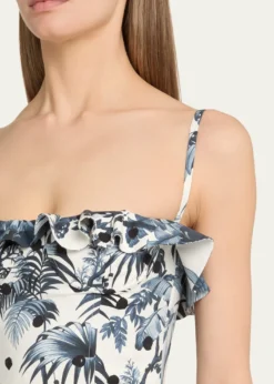 Oscar de la RentaDotted Palm-Print Ruffle Sleeveless Midi Dress With Belt