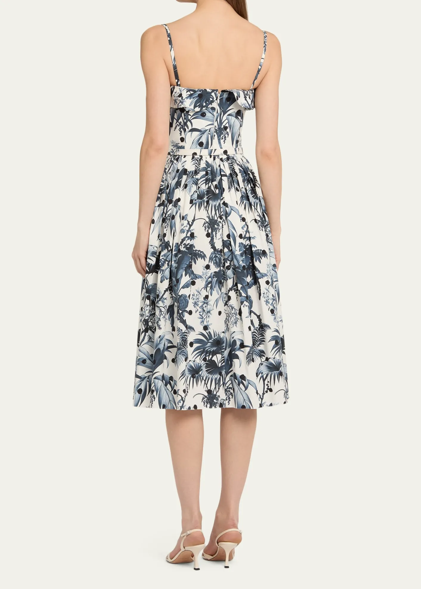 Oscar de la RentaDotted Palm-Print Ruffle Sleeveless Midi Dress With Belt