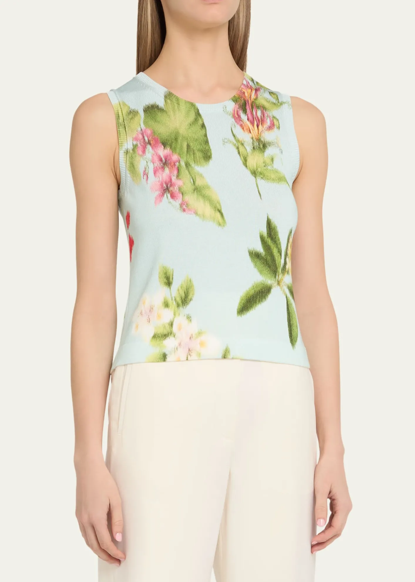 Oscar de la RentaFloral-Print Cotton Knit Sleeveless Top