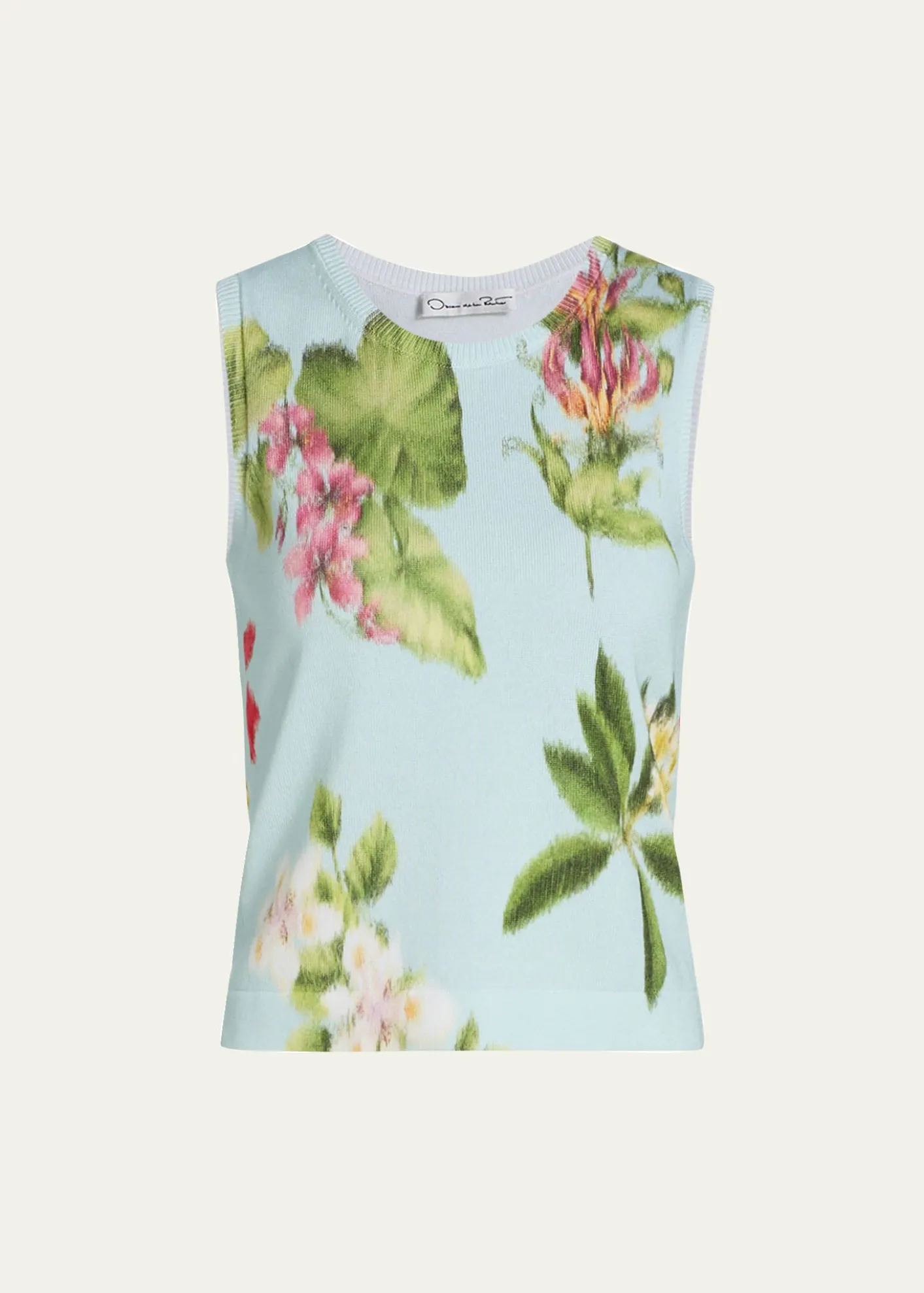 Oscar de la RentaFloral-Print Cotton Knit Sleeveless Top