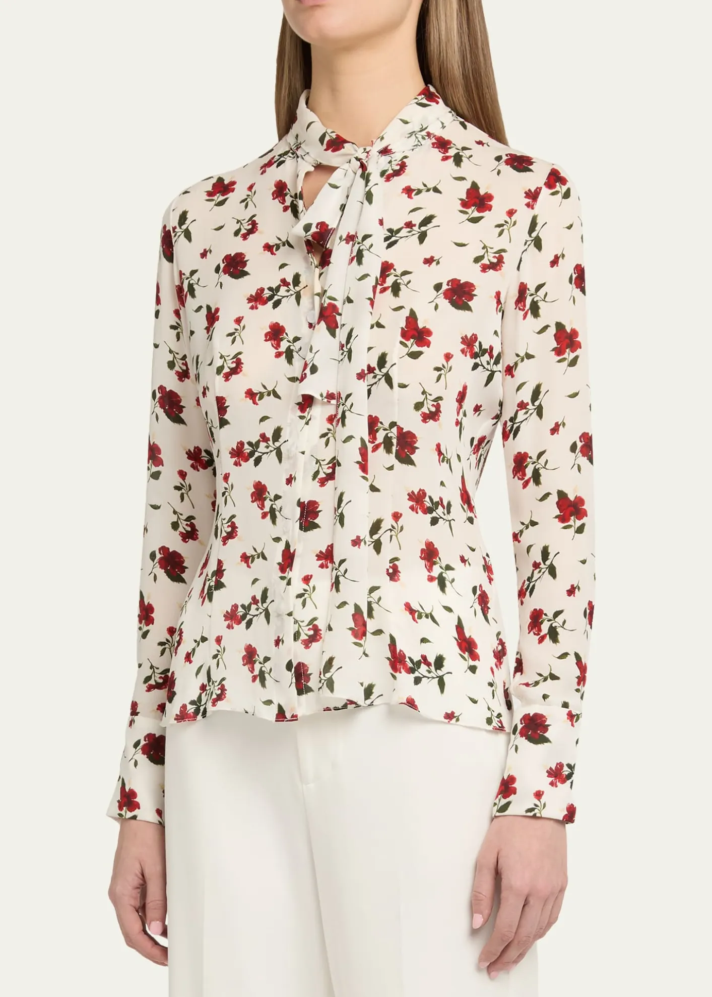 Oscar de la RentaHibiscus-Print Silk Neck-Scarf Blouse