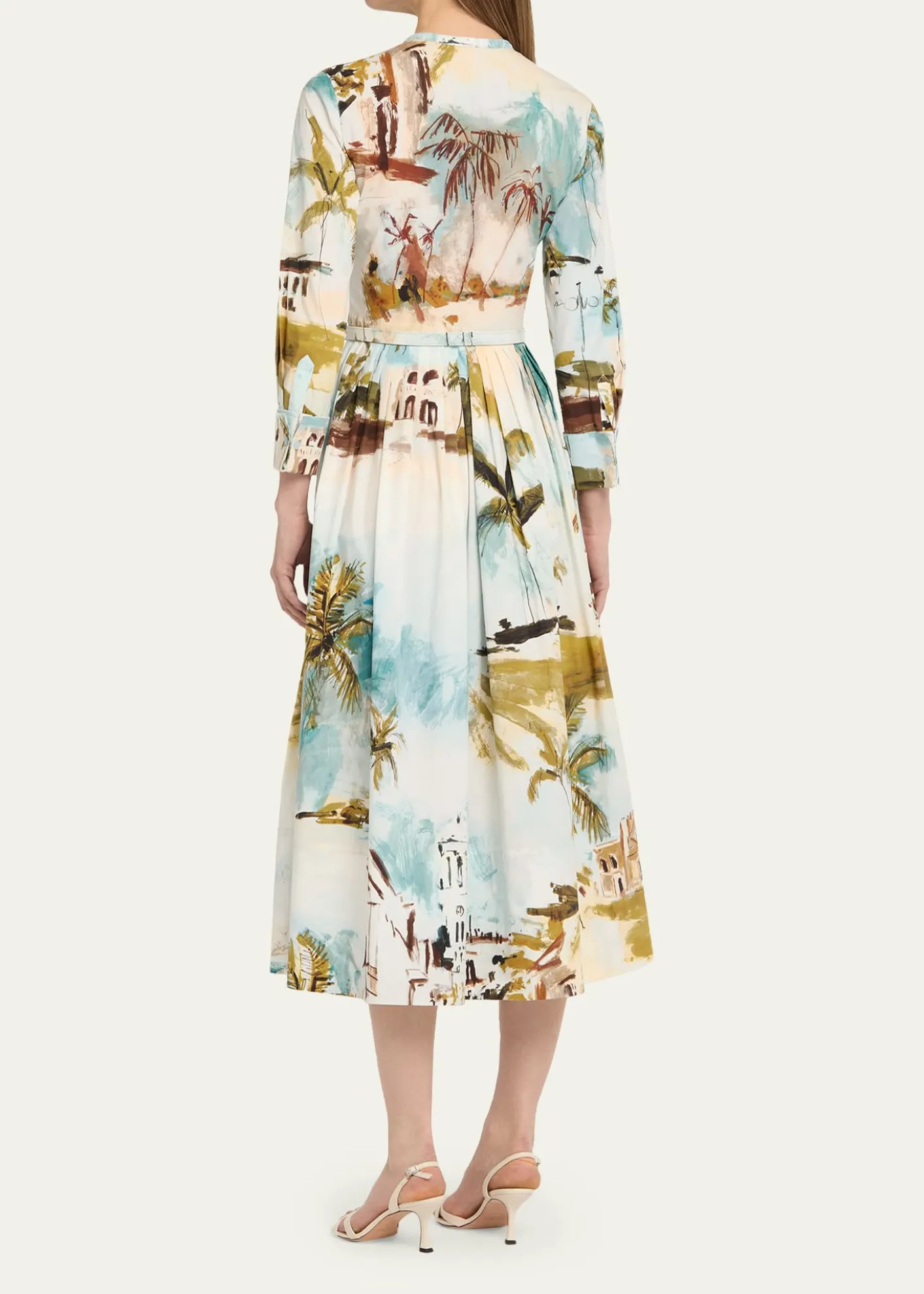 Oscar de la RentaLong-Sleeve Landscape-Print Cotton Poplin Midi Shirtdress With Belt