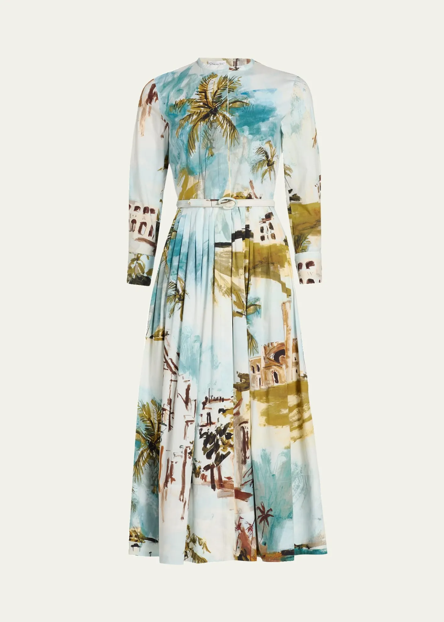 Oscar de la RentaLong-Sleeve Landscape-Print Cotton Poplin Midi Shirtdress With Belt