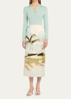 Oscar de la RentaPalm Tree Satin Midi Pencil Skirt