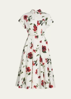 Oscar de la RentaShort-Sleeve Hibiscus Cotton Poplin Midi Shirtdress With Belt