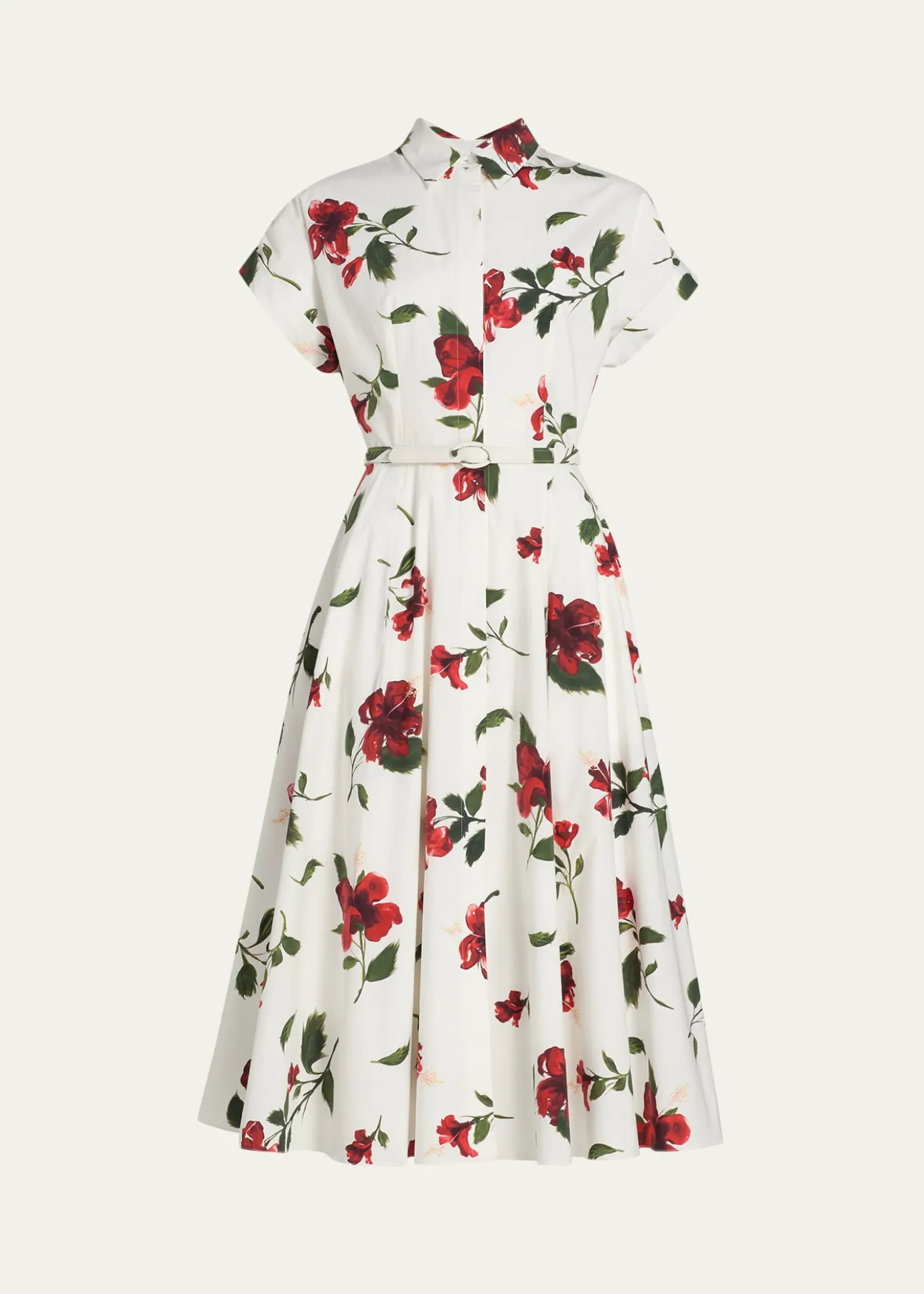 Oscar de la RentaShort-Sleeve Hibiscus Cotton Poplin Midi Shirtdress With Belt