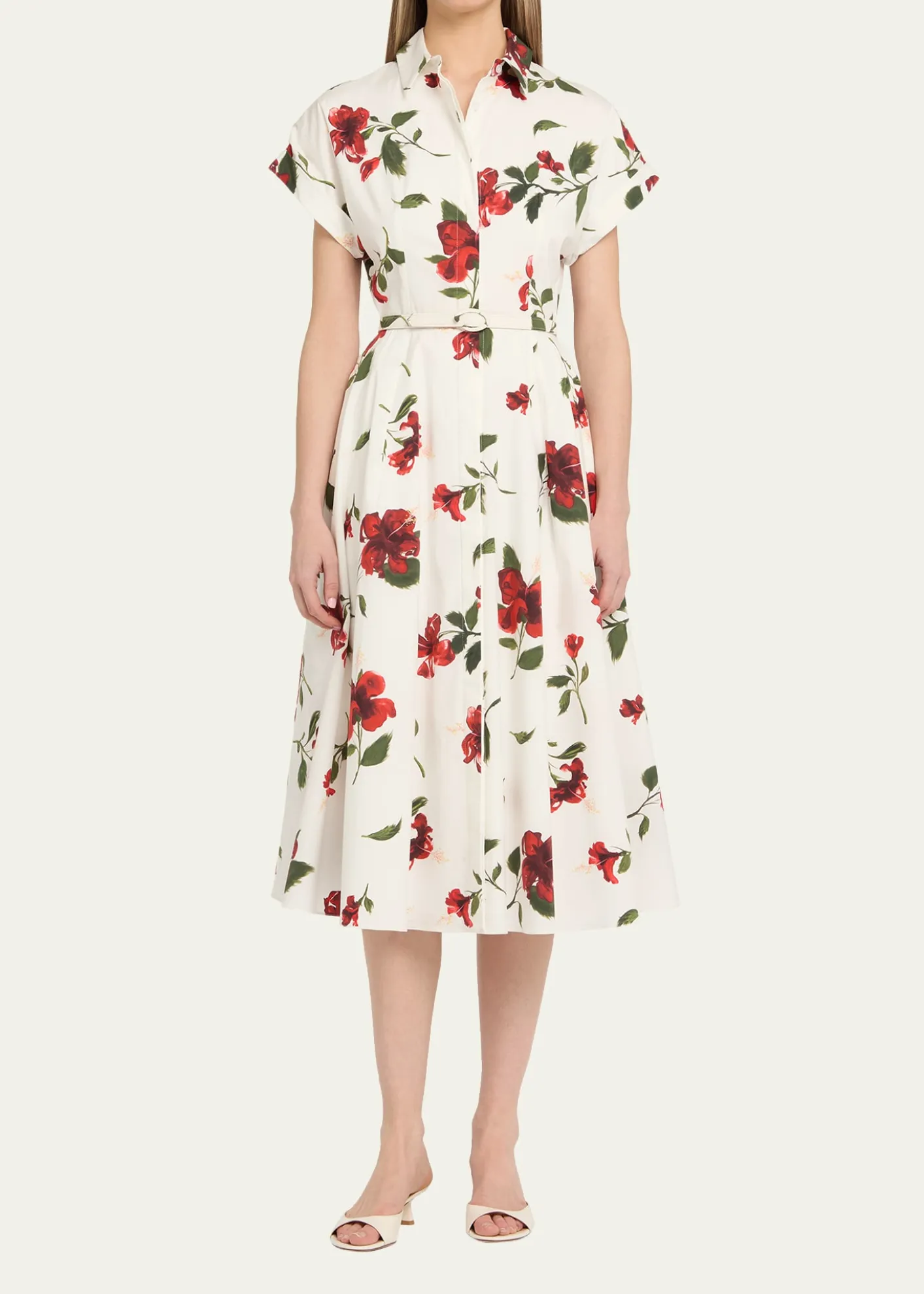 Oscar de la RentaShort-Sleeve Hibiscus Cotton Poplin Midi Shirtdress With Belt