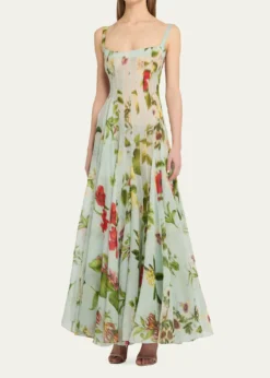 Oscar de la RentaSleeveless Chine Hibiscus Silk Gazar Trumpet Gown