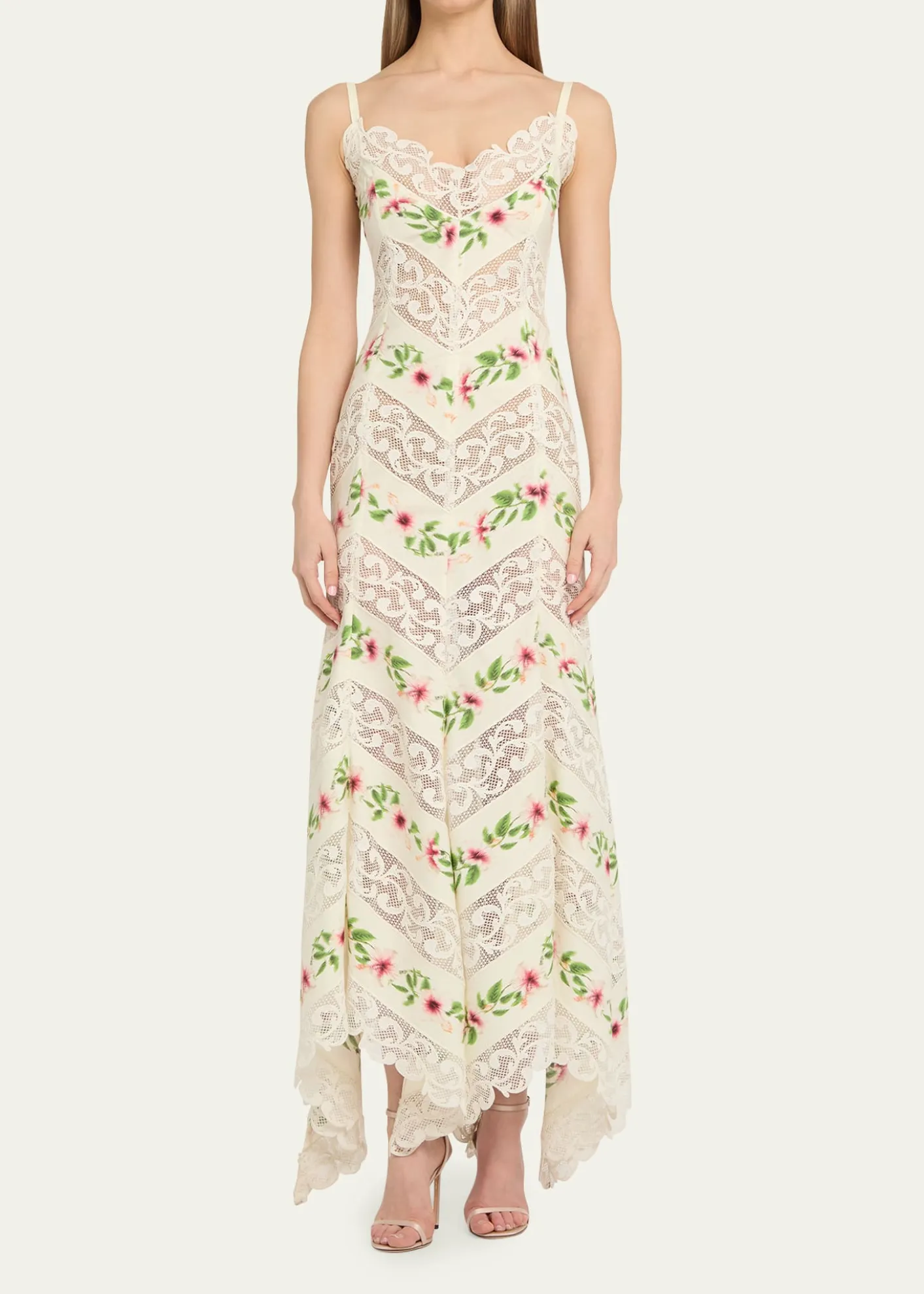 Oscar de la RentaSleeveless Chine Hibiscus Floral Chevron Maxi Dress