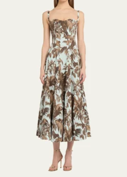 Oscar de la RentaSleeveless Chine Hibiscus Cotton Poplin Midi Dress