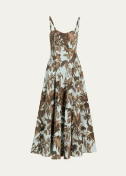 Oscar de la RentaSleeveless Chine Hibiscus Cotton Poplin Midi Dress