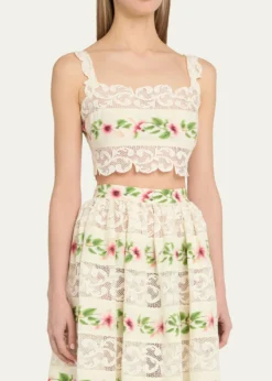Oscar de la RentaSleeveless Chine Hibiscus-Print Lace-Trim Crop Top