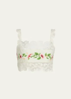 Oscar de la RentaSleeveless Chine Hibiscus-Print Lace-Trim Crop Top