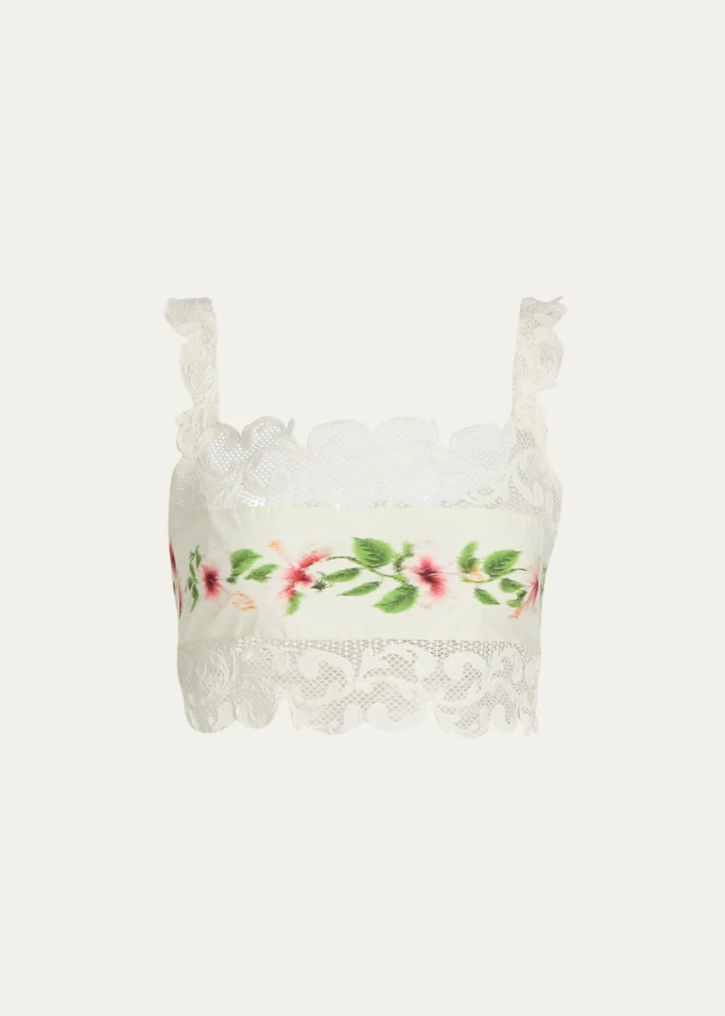 Oscar de la RentaSleeveless Chine Hibiscus-Print Lace-Trim Crop Top