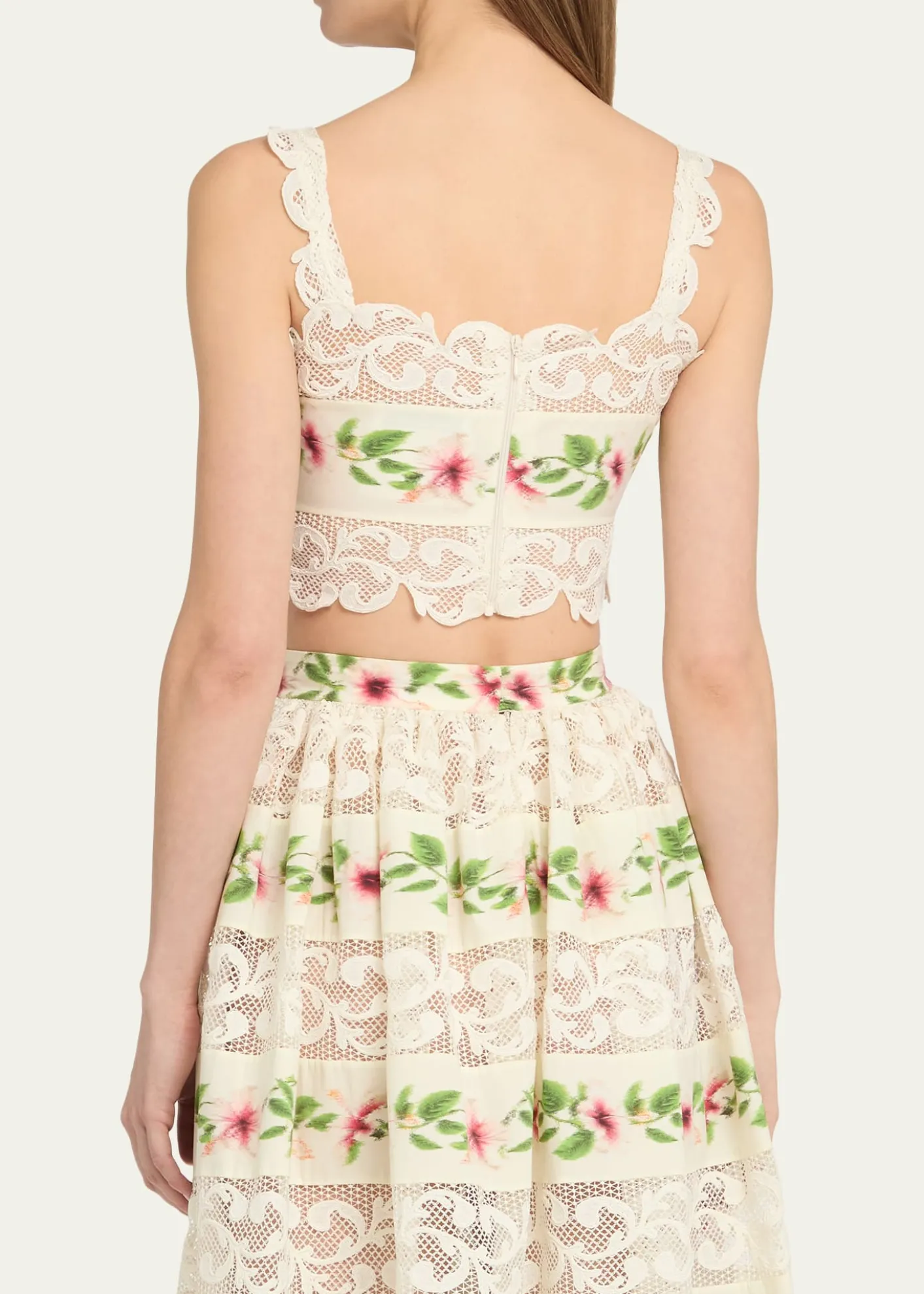 Oscar de la RentaSleeveless Chine Hibiscus-Print Lace-Trim Crop Top