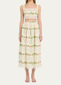 Oscar de la RentaSleeveless Chine Hibiscus-Print Lace-Trim Crop Top