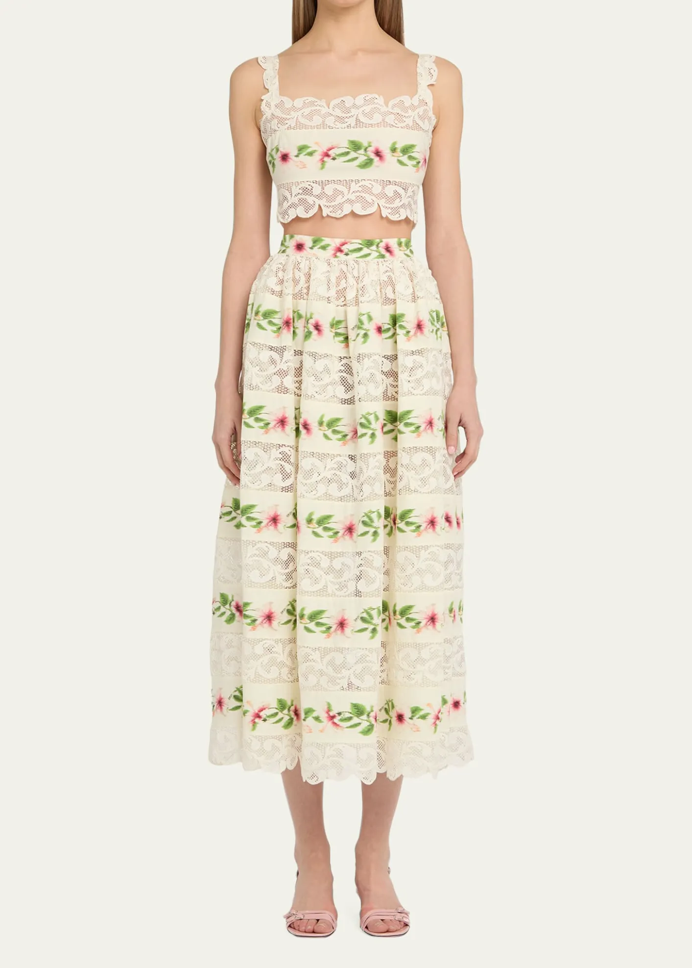 Oscar de la RentaSleeveless Chine Hibiscus-Print Lace-Trim Crop Top