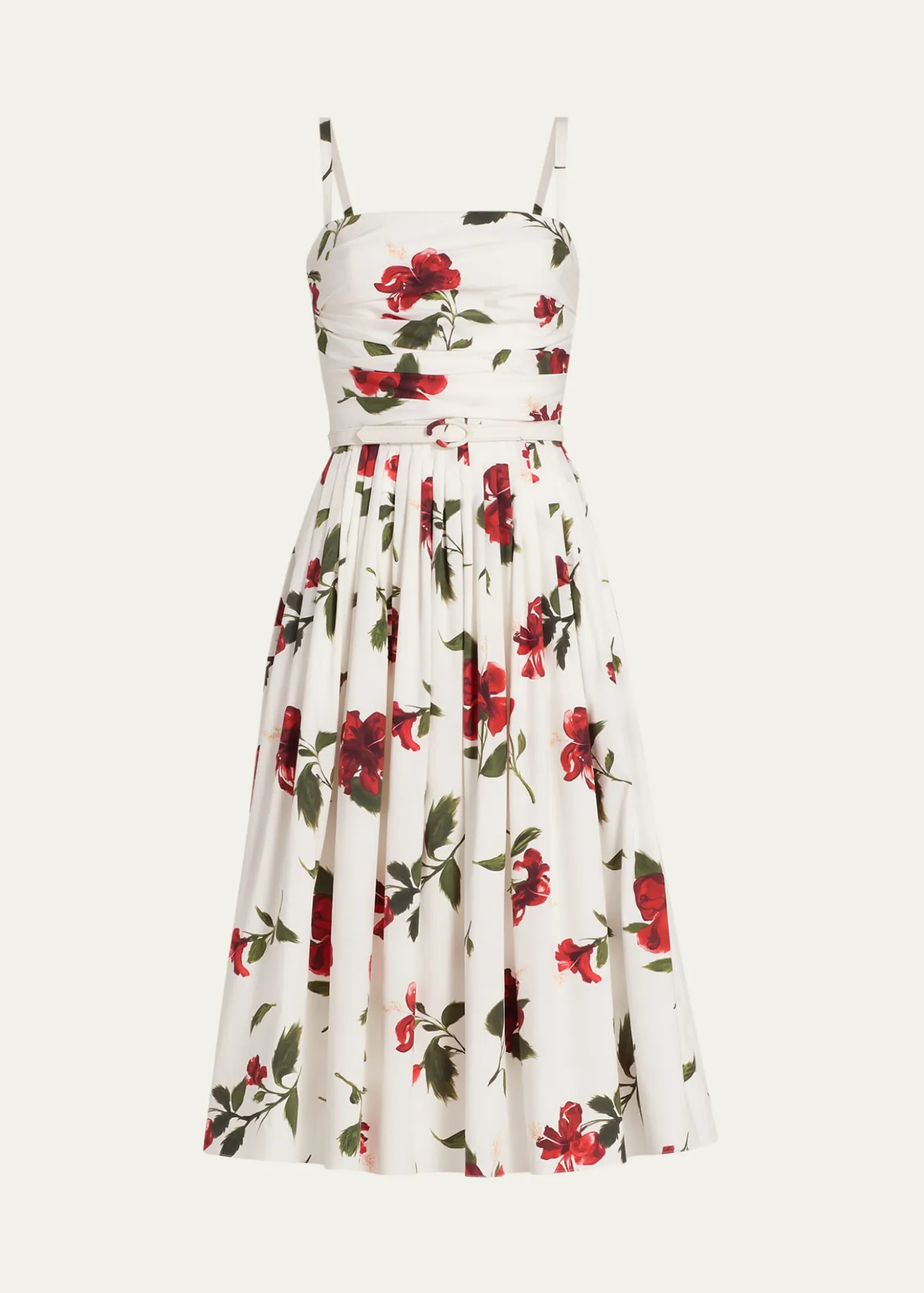 Oscar de la RentaSleeveless Hibiscus Print Cotton Pleated Midi Dress