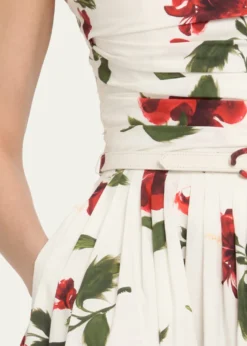 Oscar de la RentaSleeveless Hibiscus Print Cotton Pleated Midi Dress