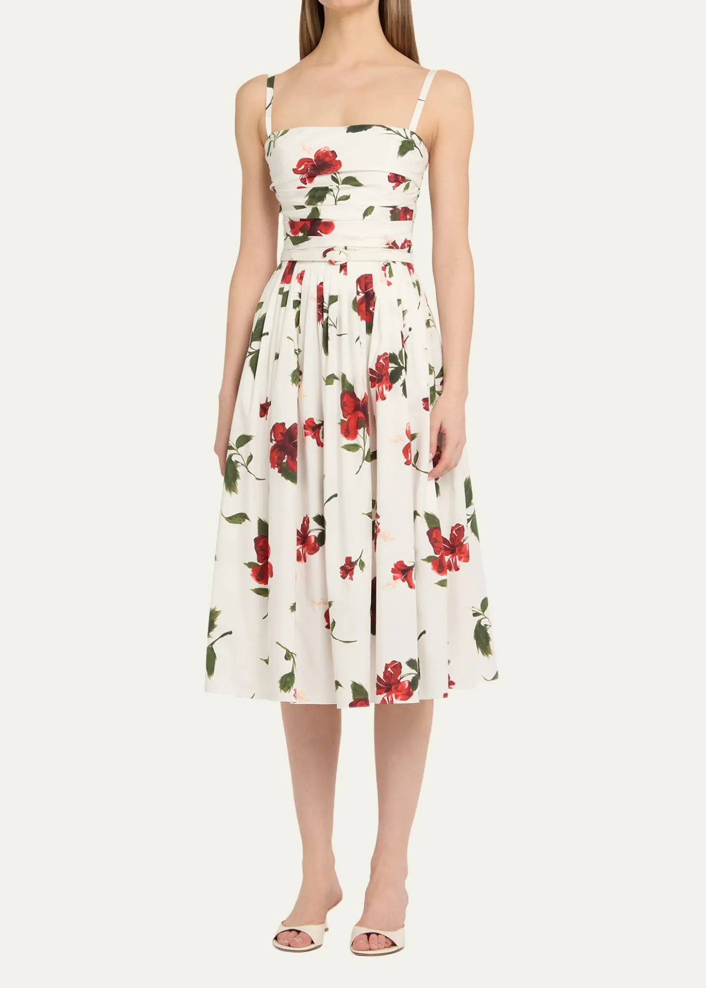 Oscar de la RentaSleeveless Hibiscus Print Cotton Pleated Midi Dress
