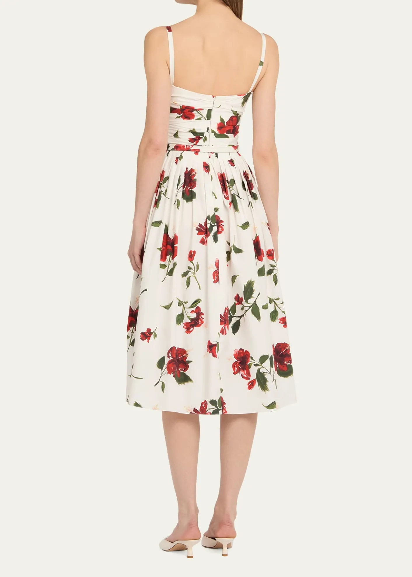 Oscar de la RentaSleeveless Hibiscus Print Cotton Pleated Midi Dress