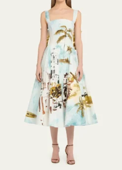 Oscar de la RentaSleeveless Landscape-Print Poplin Midi Dress