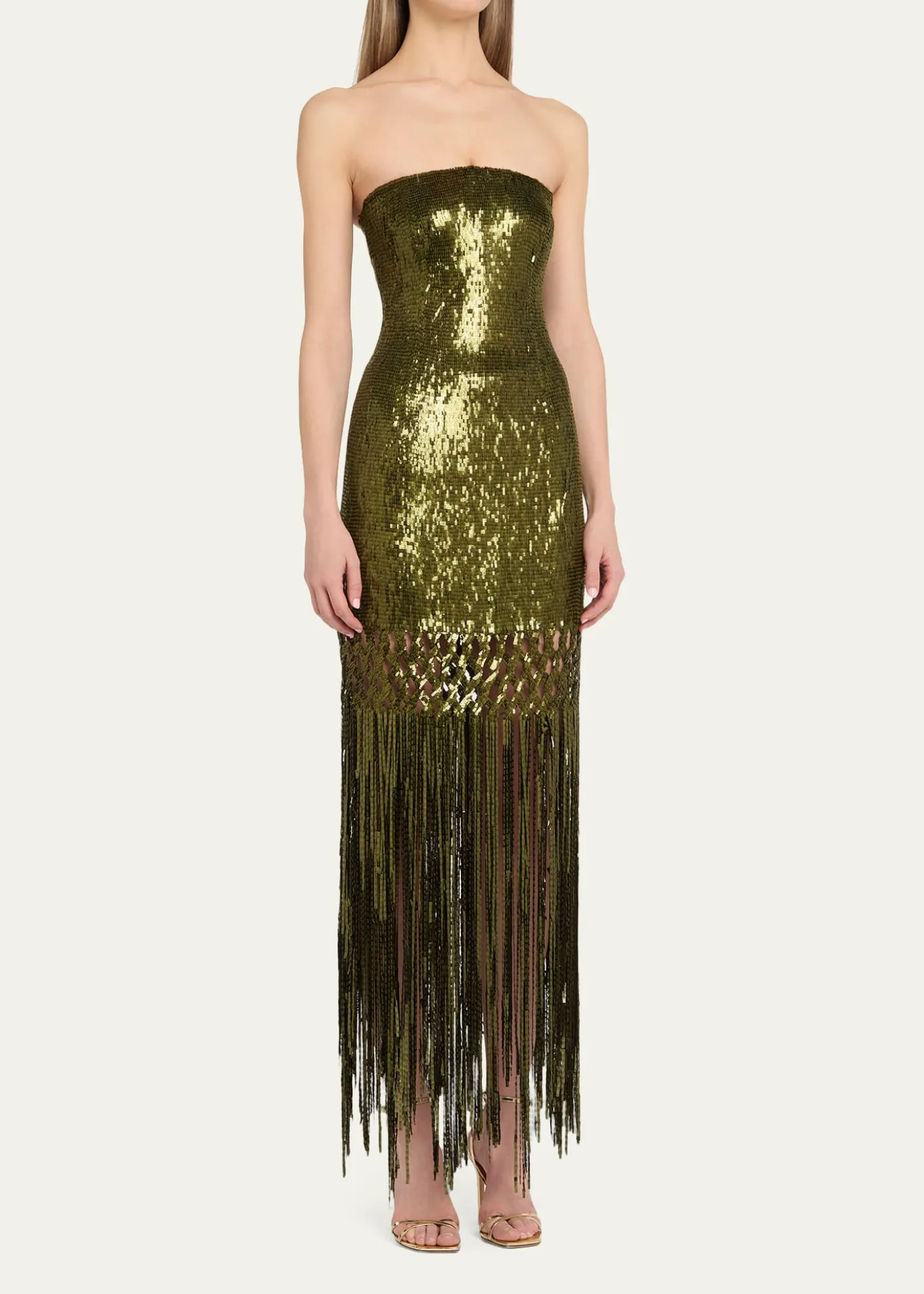 Oscar de la RentaStrapless Sequined Fringe Maxi Dress