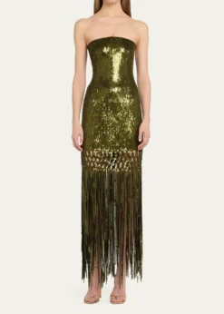 Oscar de la RentaStrapless Sequined Fringe Maxi Dress