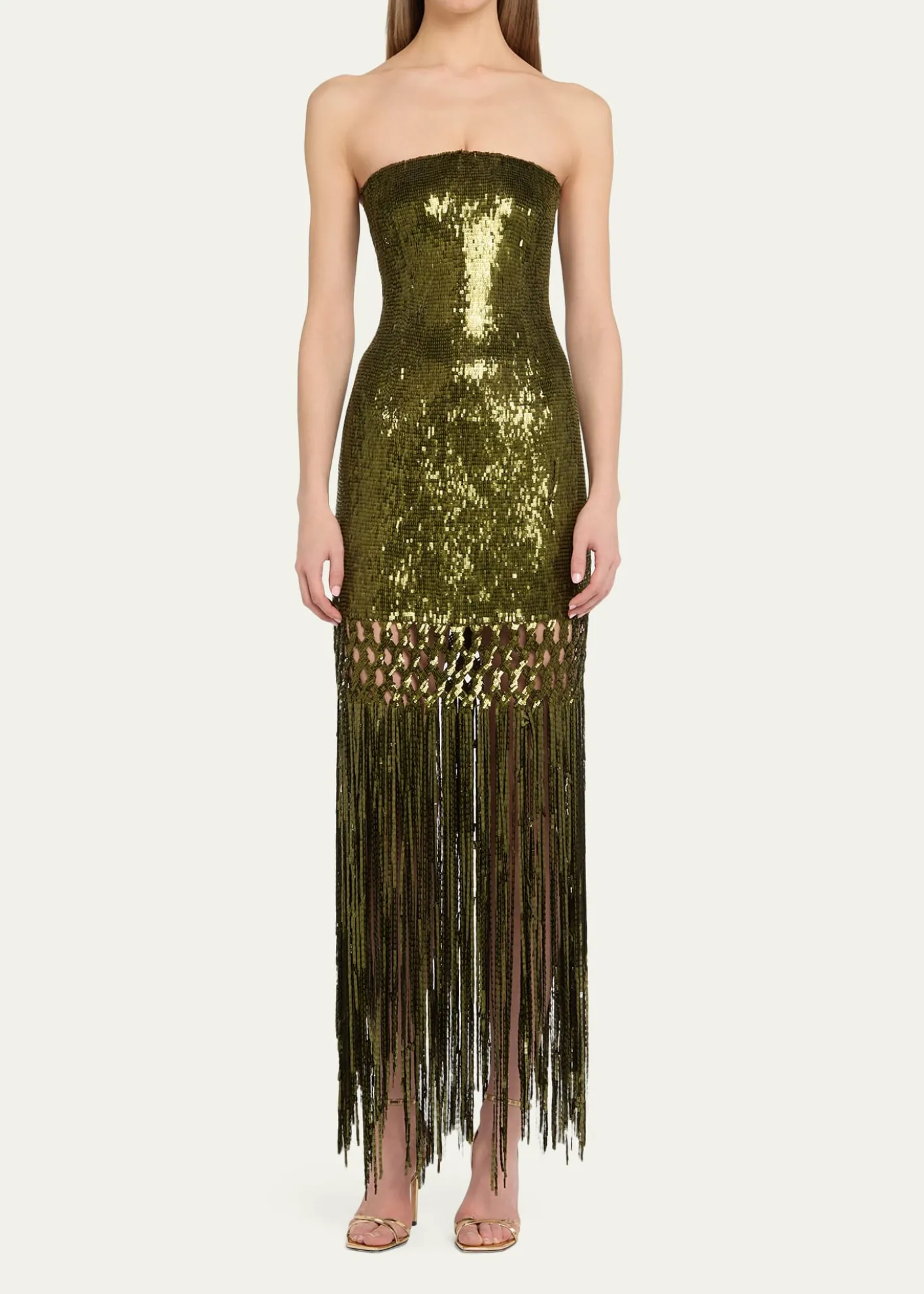 Oscar de la RentaStrapless Sequined Fringe Maxi Dress