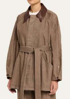OssouSweep Belted Denim Jacket with Leather Collar