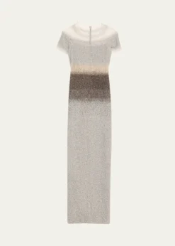 Pamella RolandShort-Sleeve Ombre Sequined Column Gown