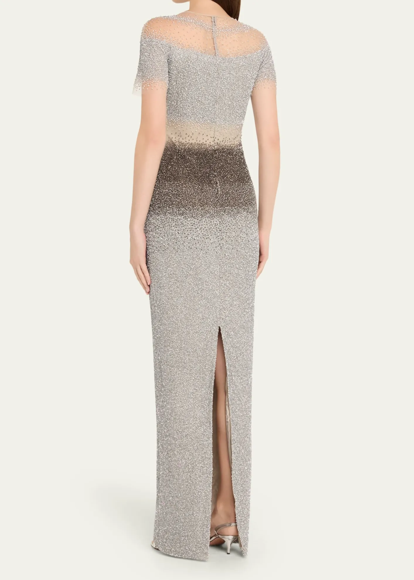 Pamella RolandShort-Sleeve Ombre Sequined Column Gown