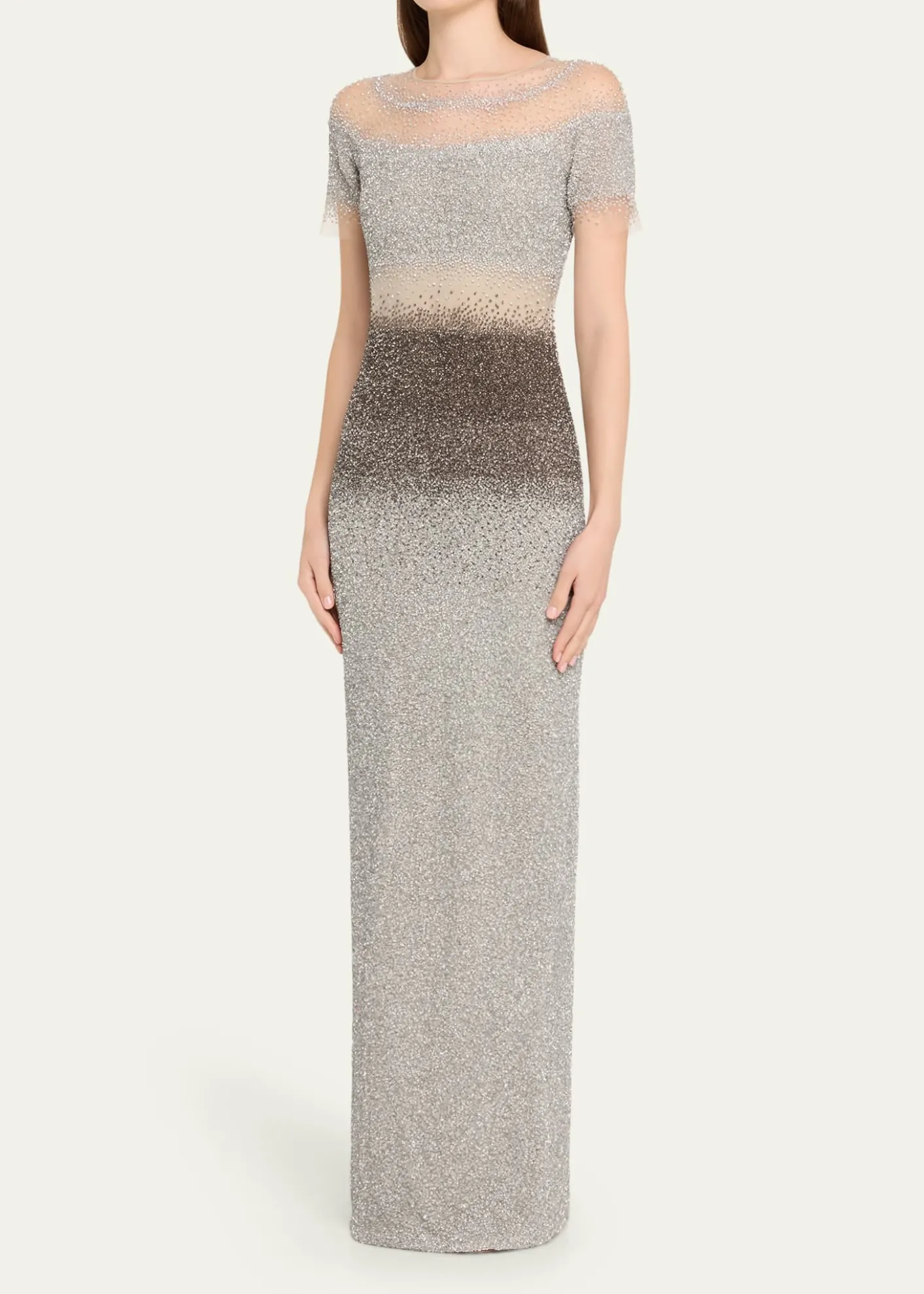 Pamella RolandShort-Sleeve Ombre Sequined Column Gown