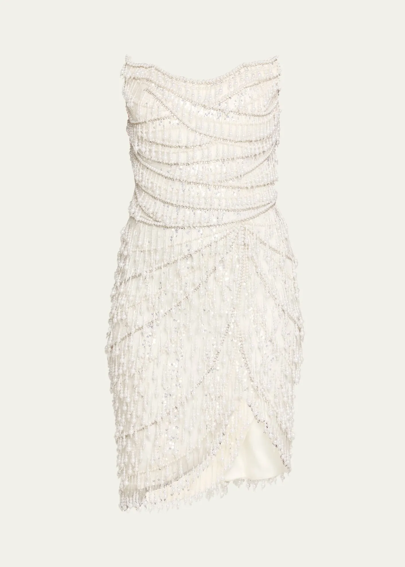 Pamella RolandStrapless Fringe Embroidered Tulle Mini Cocktail Dress