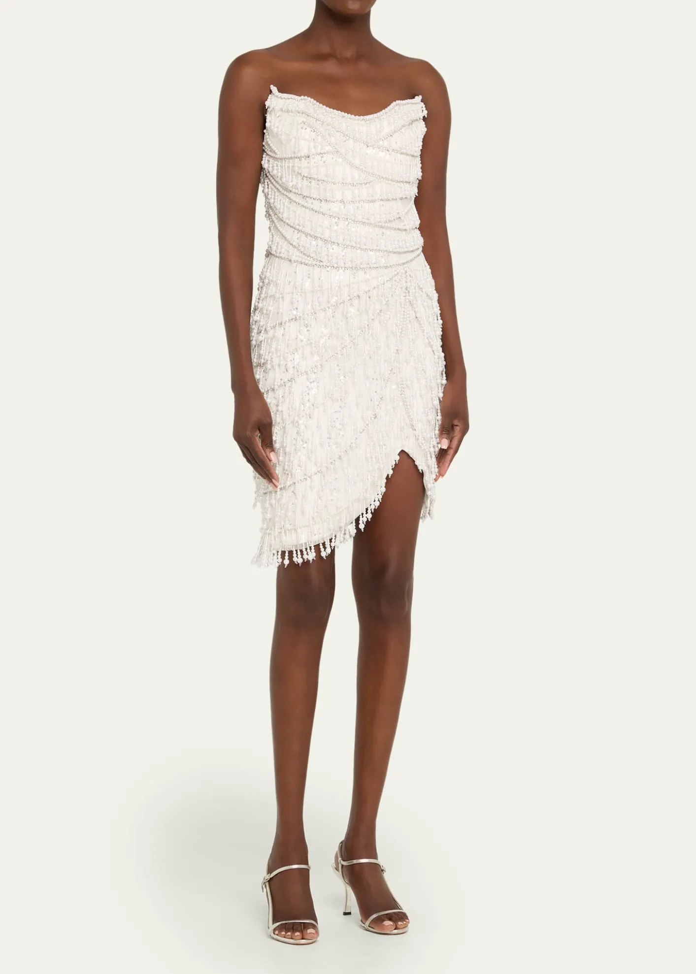 Pamella RolandStrapless Fringe Embroidered Tulle Mini Cocktail Dress
