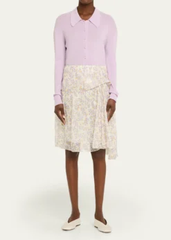 Plan CFloral-Print Metallic Silk Gathered Skirt