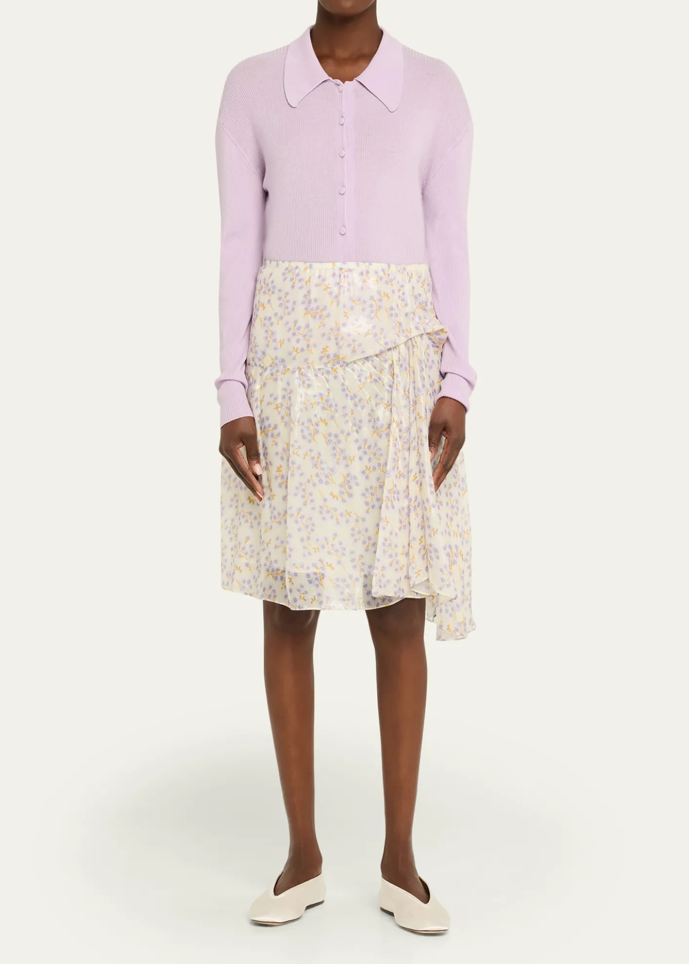 Plan CFloral-Print Metallic Silk Gathered Skirt