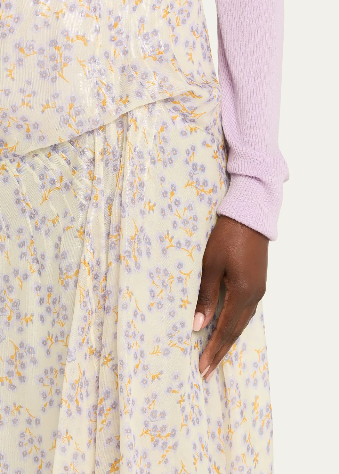Plan CFloral-Print Metallic Silk Gathered Skirt