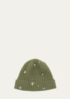 PortolanoSequin Floral Ribbed Cashmere Beanie