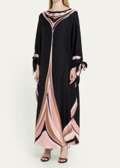 PucciFari-Print Silk Twill Tie-Cuff Caftan Dress