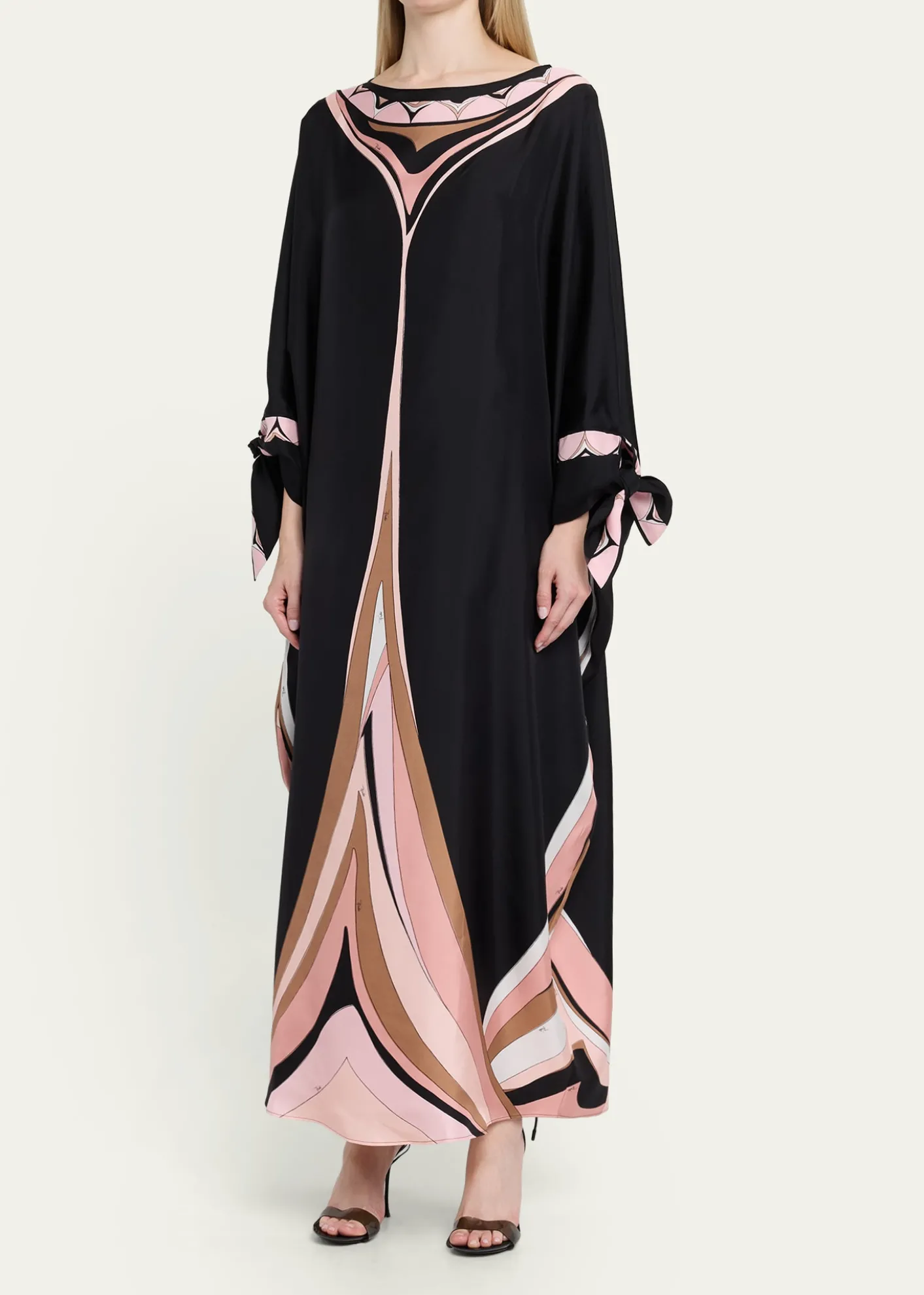 PucciFari-Print Silk Twill Tie-Cuff Caftan Dress