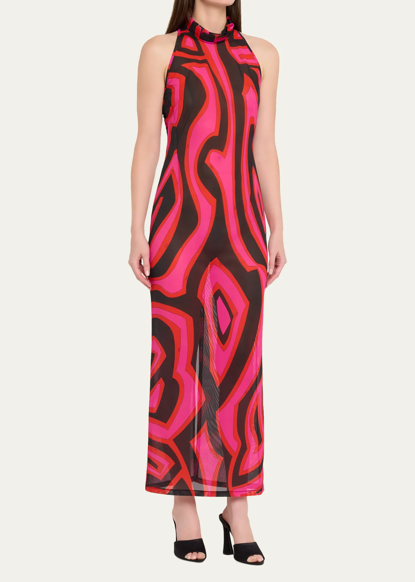 PucciMock-Neck Labirinto-Print Mesh Maxi Dress