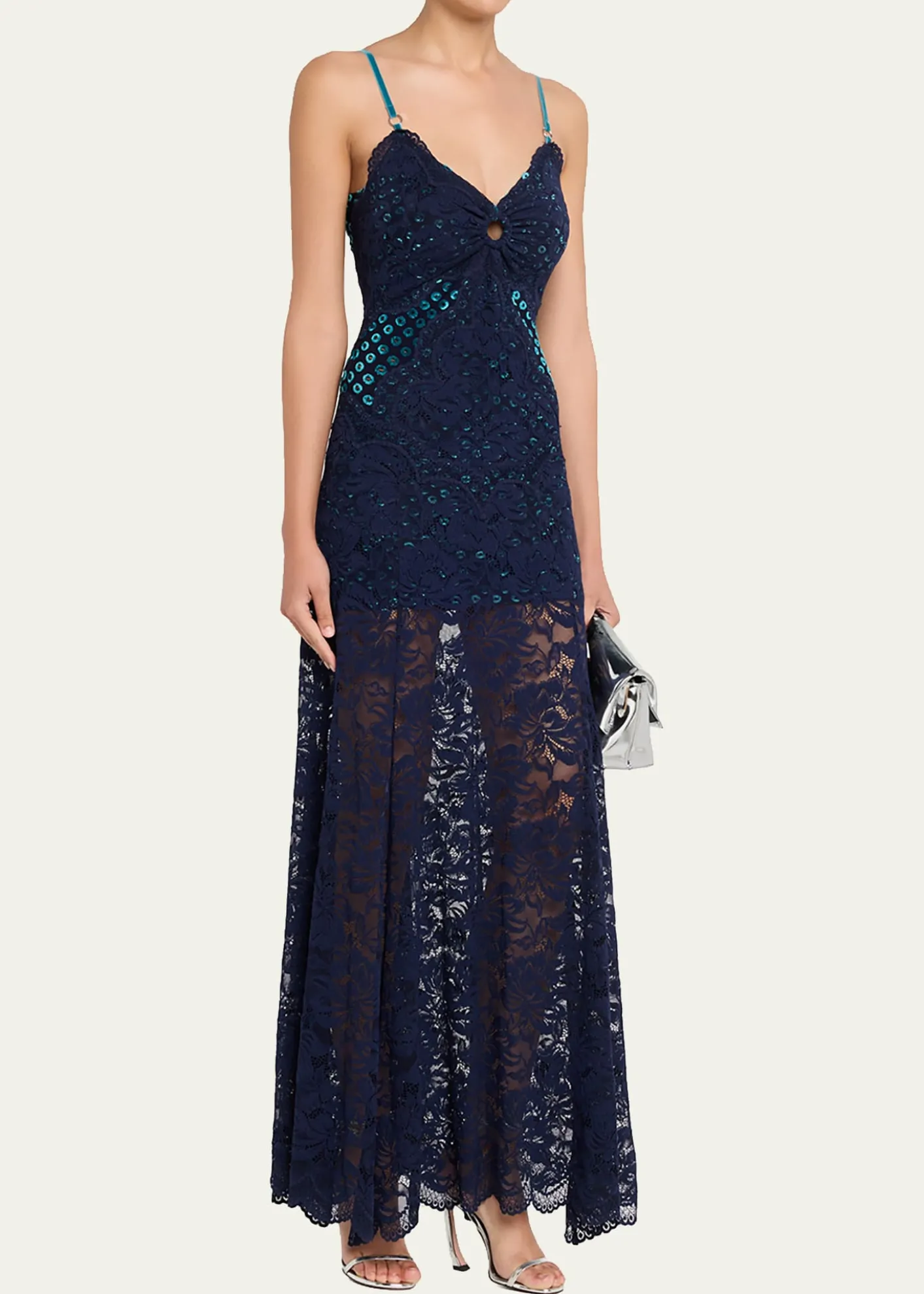 RabanneLong Lace V-Neck Sleeveless Dress
