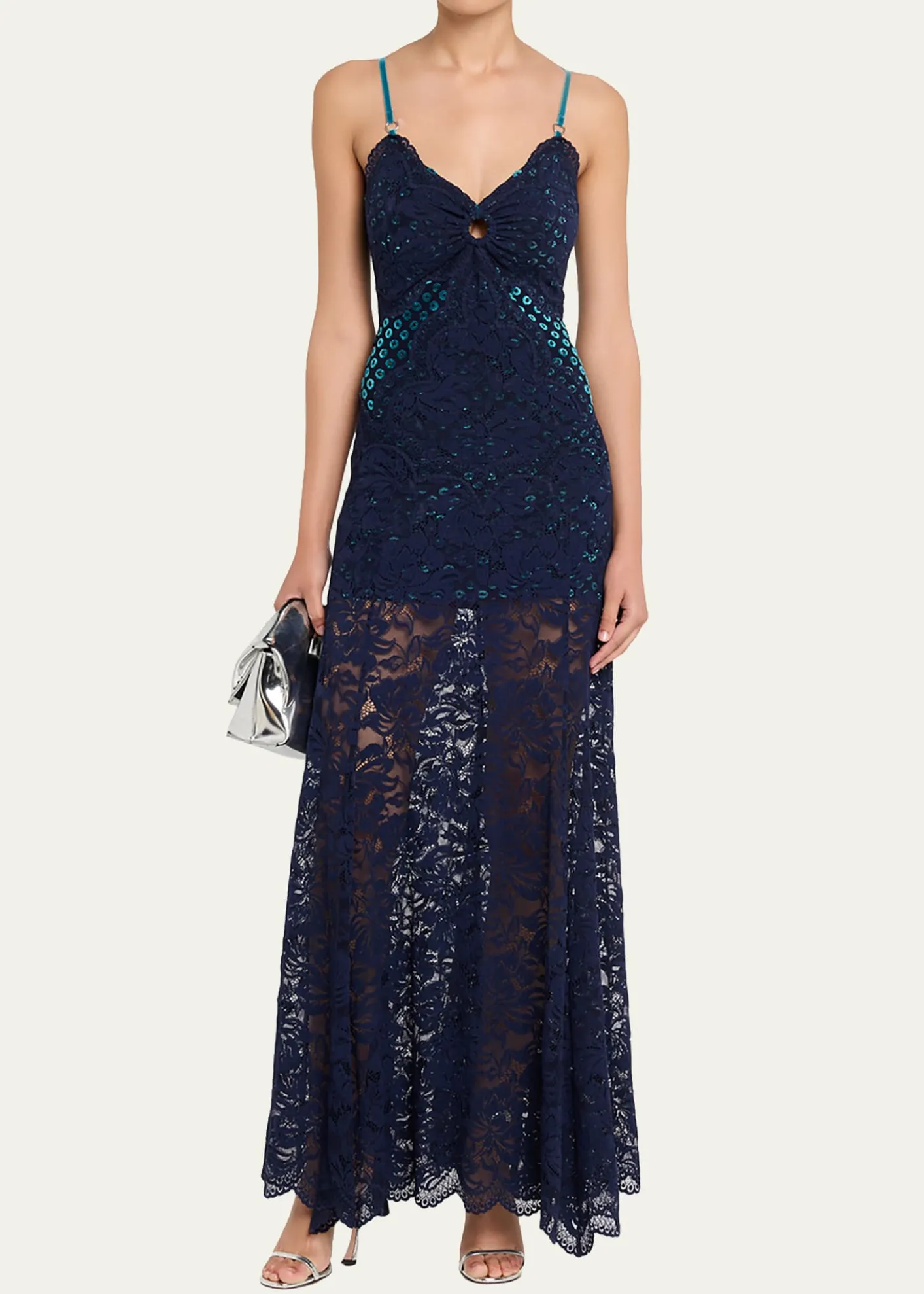 RabanneLong Lace V-Neck Sleeveless Dress
